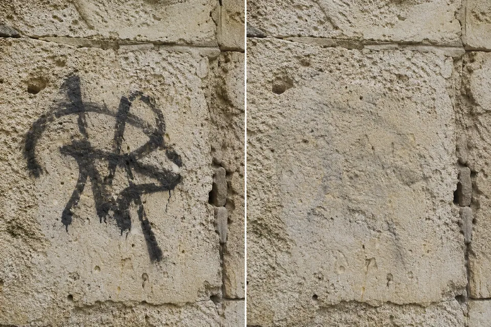 Simulation d’un même mur en pierre avec un graffiti puis après un essai de nettoyage