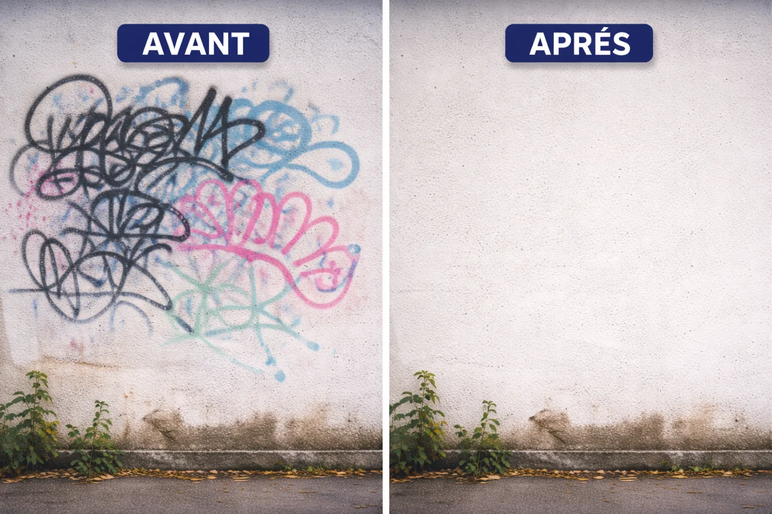 Effacement graffitis mur enduit Lyon — avant et après