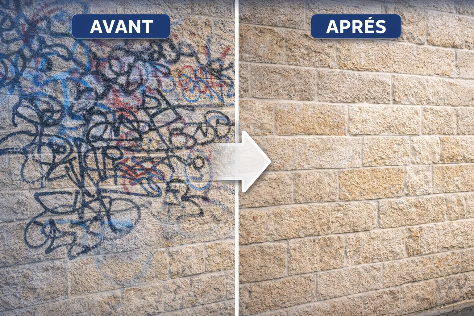 Dégraffitage mur pierre Lyon — avant et après