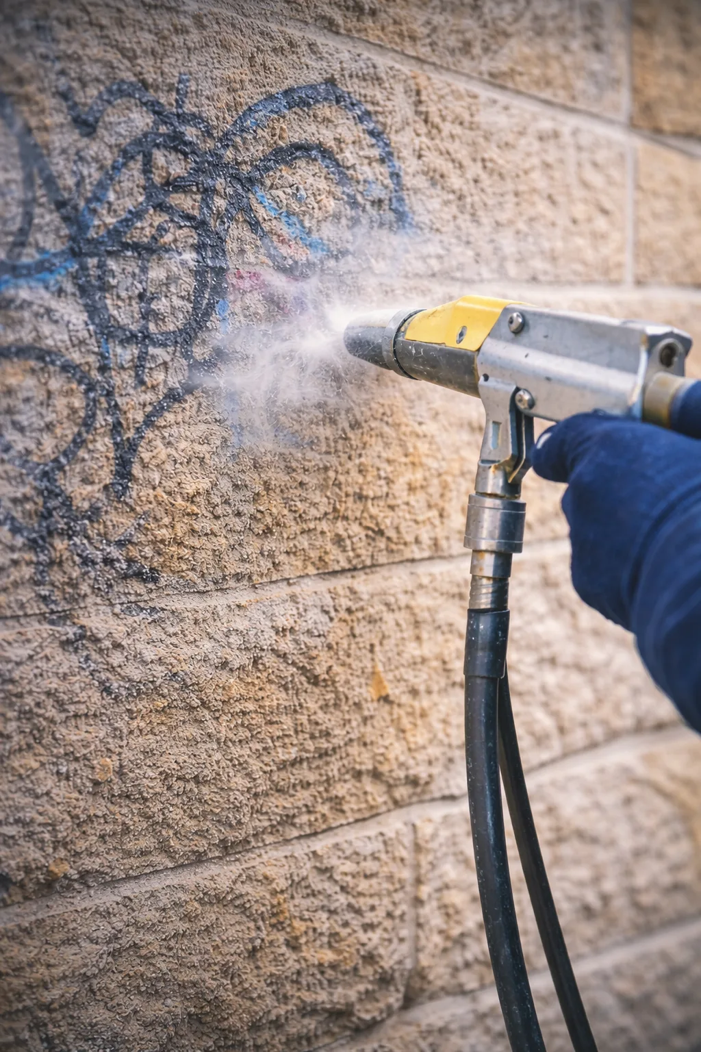 Aérogommage et sablage tag sur mur en pierre à Lyon
